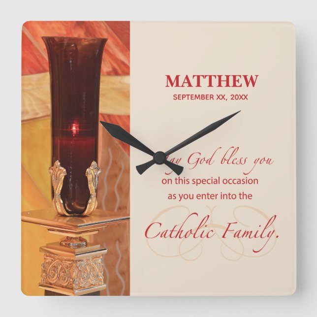 Personalize, RCIA Congratulations, Catholic, Red Square Wall Clock (Front)