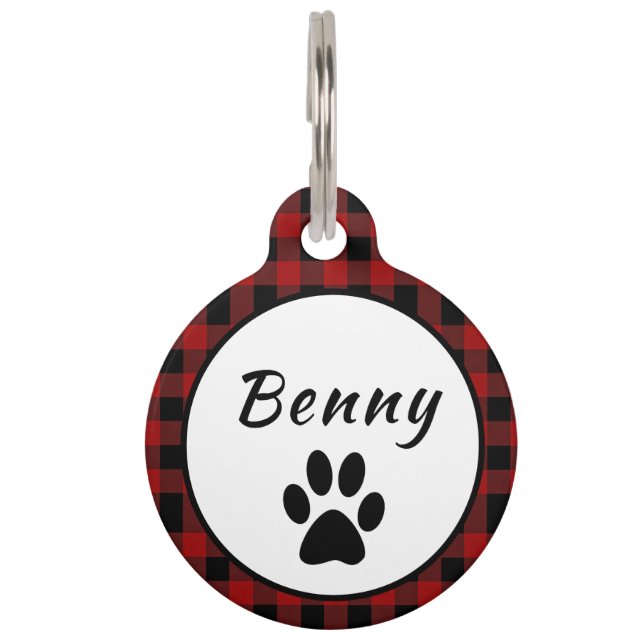 Personalize Red and Black Buffalo Plaid  Pet Tag (Front)