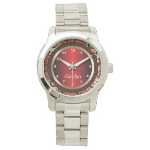 Personalize Red and Gold Abstract Design Watch