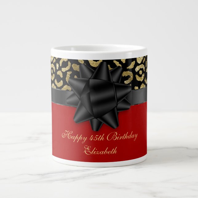 Personalize Red Black Gold Leopard Print Birthday Large Coffee Mug (Front)