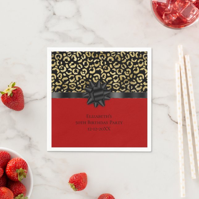 Personalize Red Black Gold Leopard Print Birthday Napkin (Insitu)