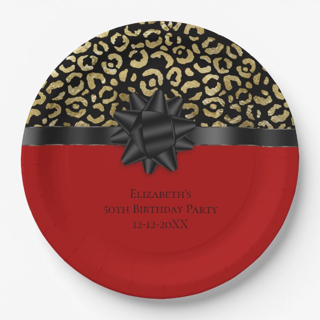 Personalize Red Black Gold Leopard Print Birthday Paper Plate (Front)