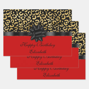 Personalize Red Black Gold Leopard Print Elegant  Wrapping Paper Sheet