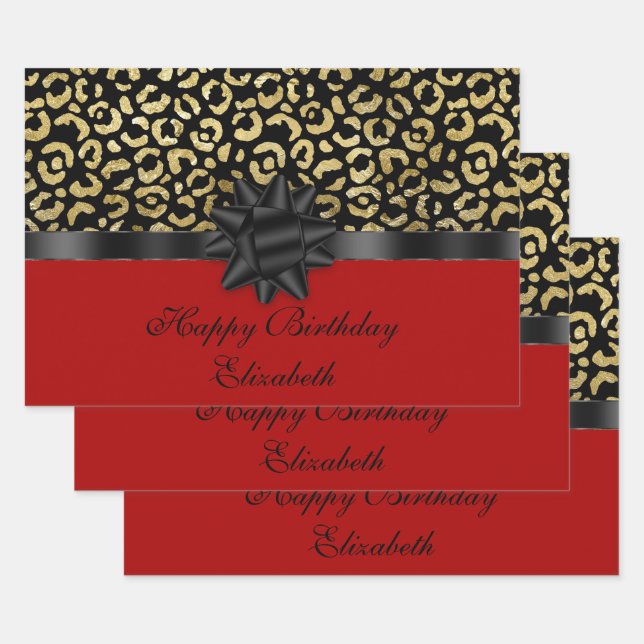 Personalize Red Black Gold Leopard Print Elegant  Wrapping Paper Sheet (Set)
