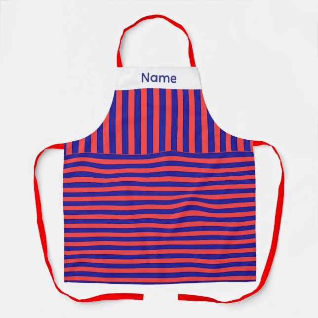 Personalize Red Blue Vertical Horizontal Stripes Apron (Front)