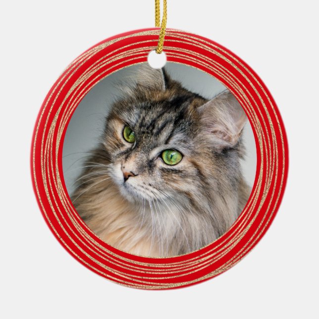 Personalize Red Cat Photo Memorial Quote  Ceramic Ornament (Front)