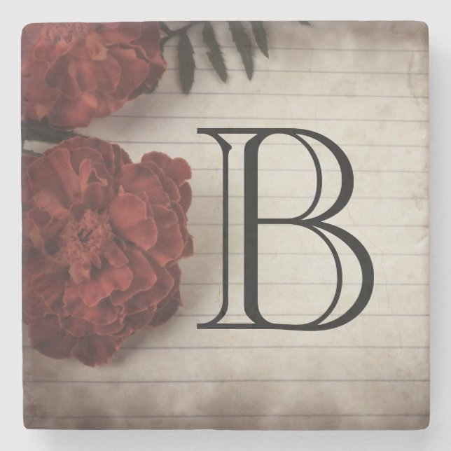 Personalize red Flowers on Lined Paper Autumn Stone Coaster (Front)