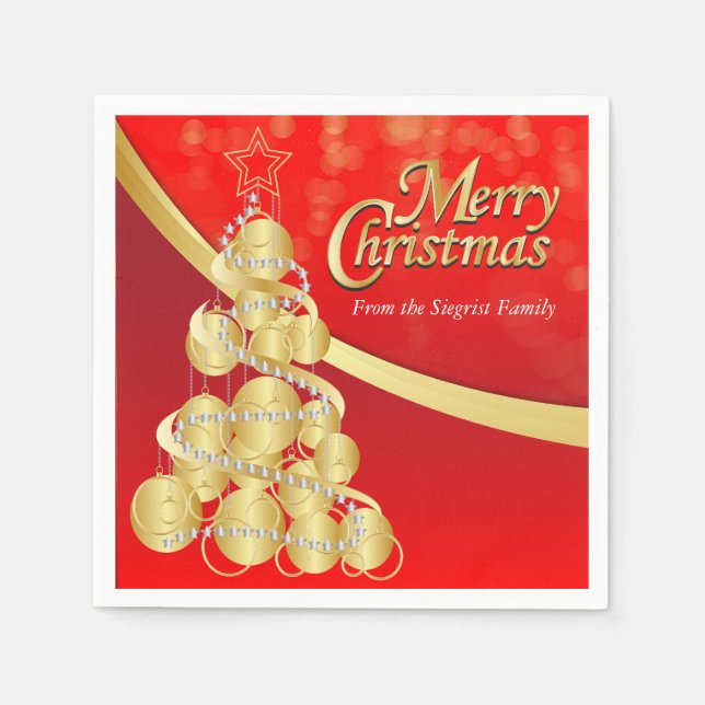 Personalize Red & Gold Merry Christmas Napkin (Front)