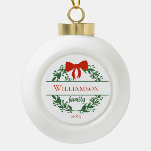 Personalize Red Green Wreath Family Name Christmas Ceramic Ball Christmas Ornament
