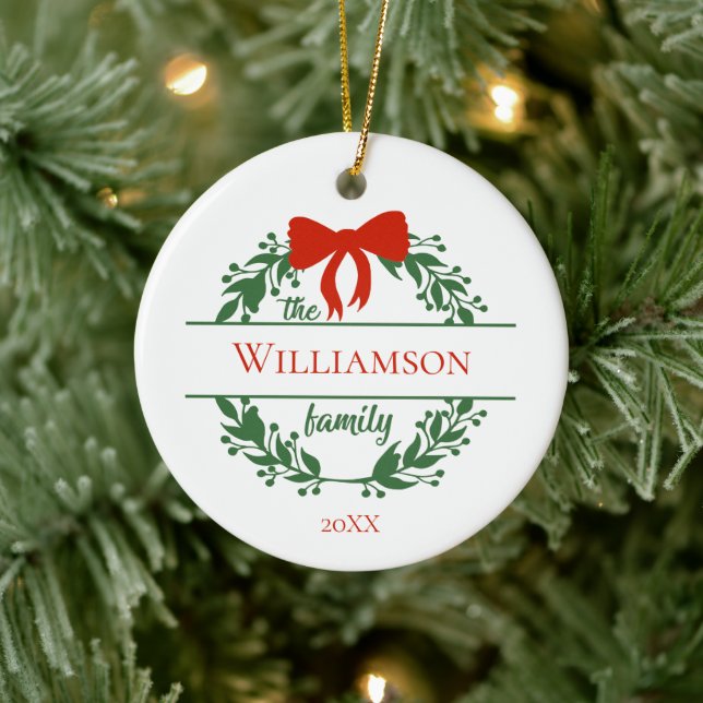 Personalize Red Green Wreath Family Name Christmas Ceramic Ornament (Tree)
