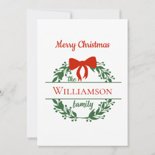 Personalize Red Green Wreath Family Name Christmas Holiday Card