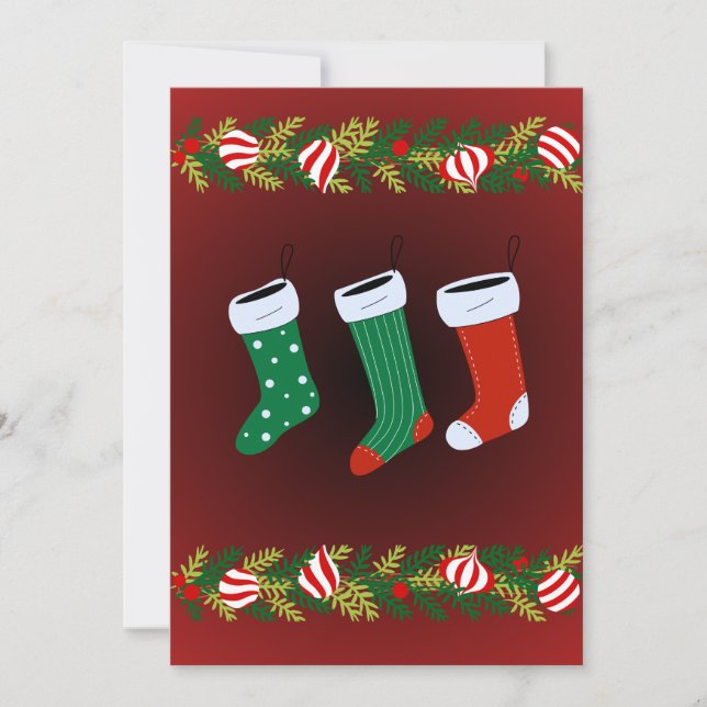 Personalize Red Hanging Stocking Flat Holiday Card (Front)