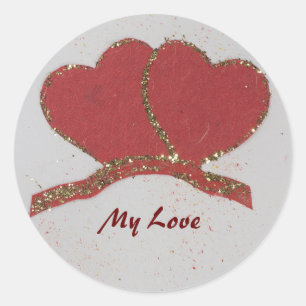 Personalize Red heart gold sparkle Valentine's Classic Round Sticker