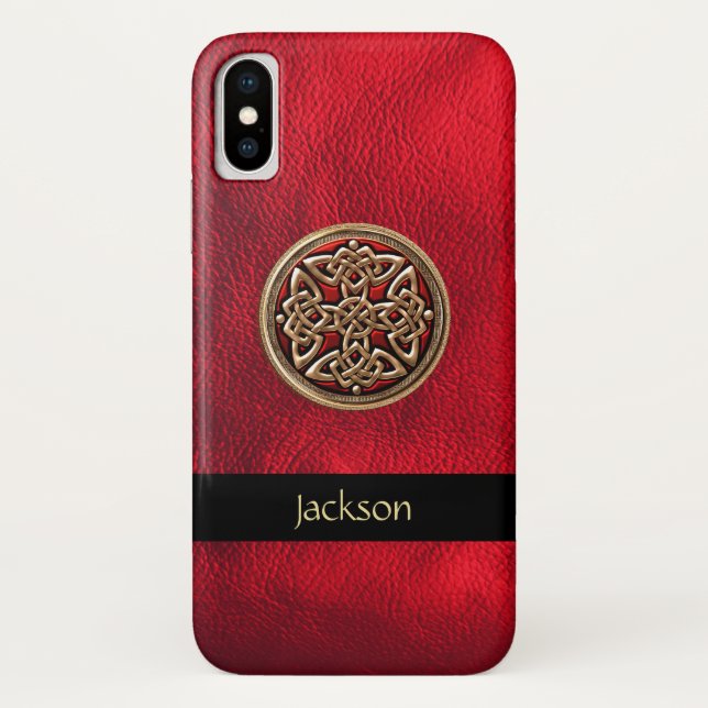 Personalize Red Leather Celtic Knot iPhone X Case (Back)