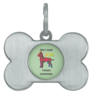Personalize Red Plaid Lt Green DOG Bone  Pet ID Tag