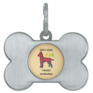 Personalize Red Plaid Pale Yellow DOG Bone Pet ID Tag