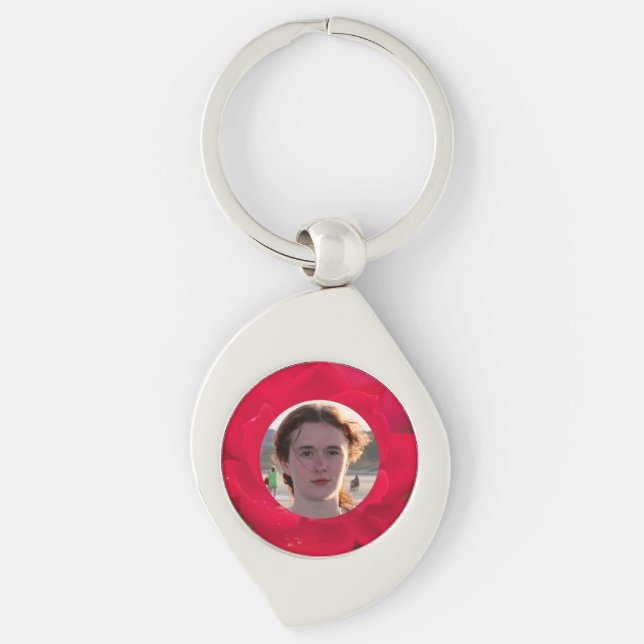 (Personalize) Red Rose in Bloom with Morning Dew Keychain (Front)