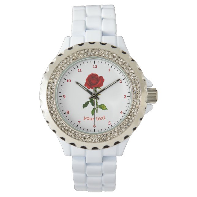 Personalize Red rose with leaves Custom name Watch (Front)