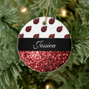 Personalize red sparkles Ladybird Ladybug Ceramic Ornament