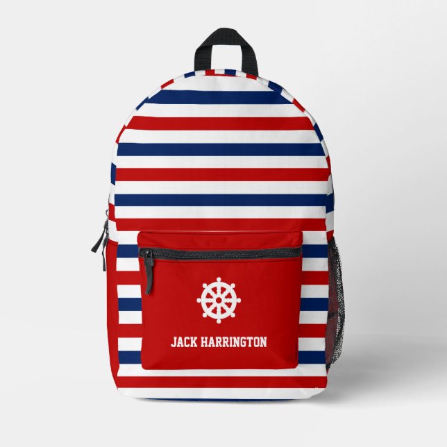 Personalize Red White Blue Nautical Stripes Rudder Printed Backpack (Front)