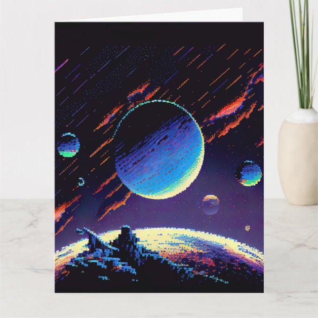 Personalize - Retro 8Bit Blue Planet Card (Front)