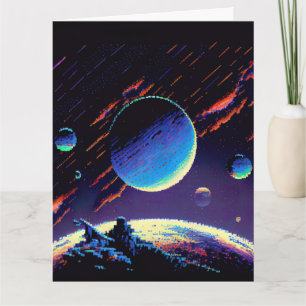 Personalize - Retro 8Bit Blue Planet Card