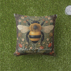 Personalize retro bumblebee boho botanical floral outdoor pillow