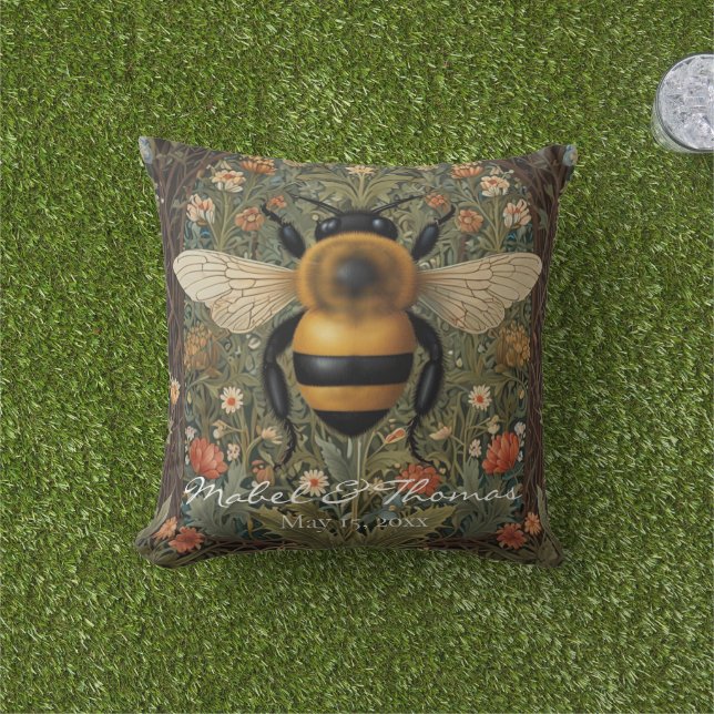 Personalize retro bumblebee boho botanical floral  outdoor pillow (Grass)