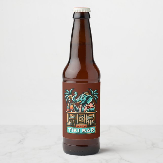 Personalize Retro Elephant Tiki Bar Beer Bottle Label (Front)