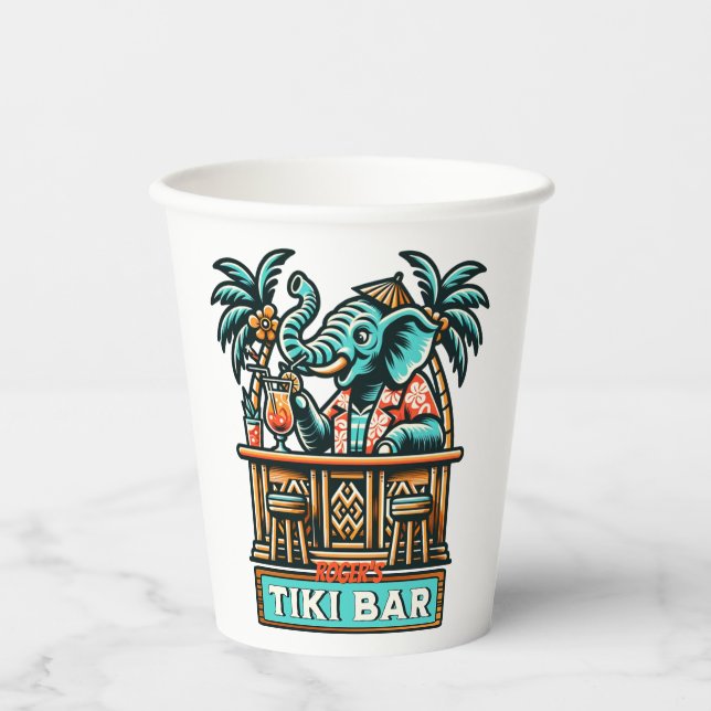 Personalize Retro Elephant Tiki Bar Paper Cups (Front)