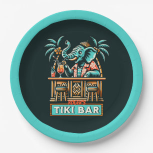 Personalize Retro Elephant Tiki Bar Paper Plate