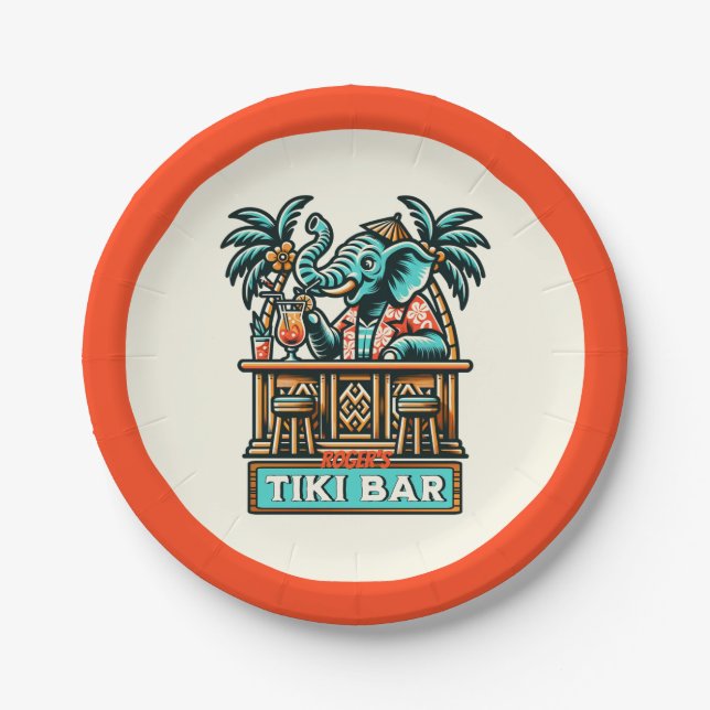 Personalize Retro Elephant Tiki Bar Paper Plate (Front)