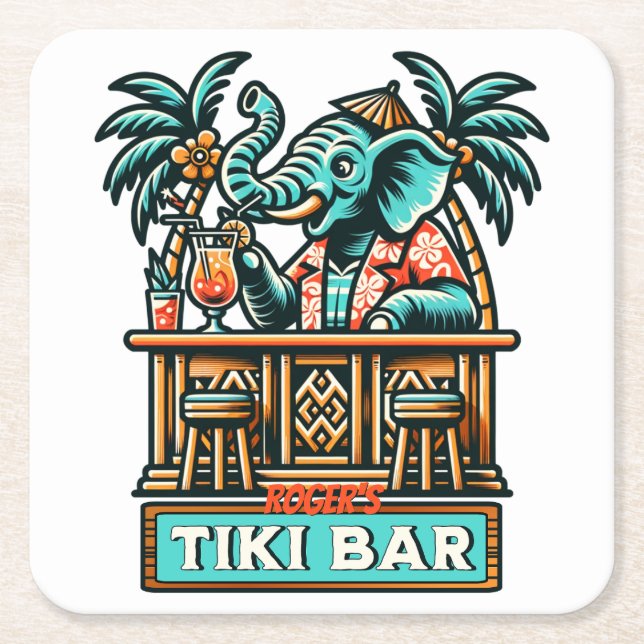 Personalize Retro Elephant Tiki Bar Square Paper Coaster (Front)
