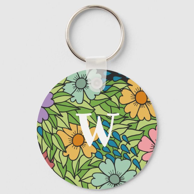 Personalize Retro Flowers Large Scale Multicolor Keychain (Front)