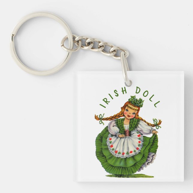 Personalize Retro Irish Doll Logo St Patricks Day Keychain (Front)