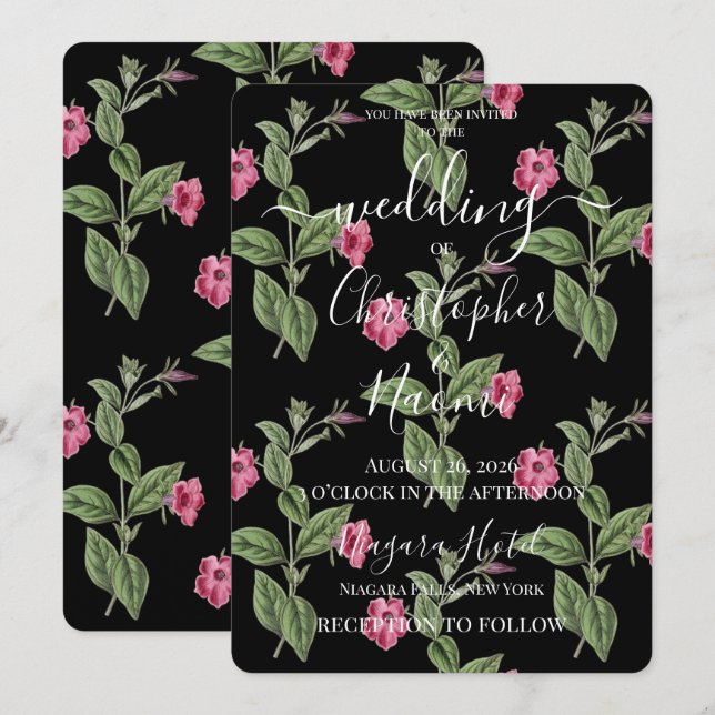 PERSONALIZE: Retro Pink Flowers on Black Invitation (Front/Back)