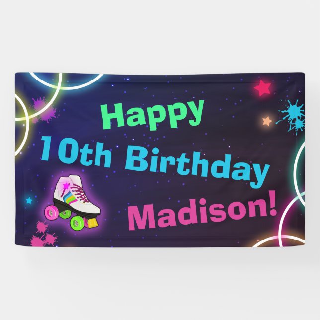 Personalize Roller Skating Neon Birthday Banner (Horizontal)