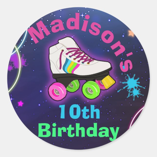 Personalize Roller Skating Neon Birthday Classic Round Sticker (Front)