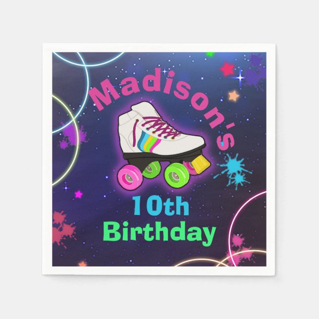 Personalize Roller Skating Neon Birthday Napkins (Front)
