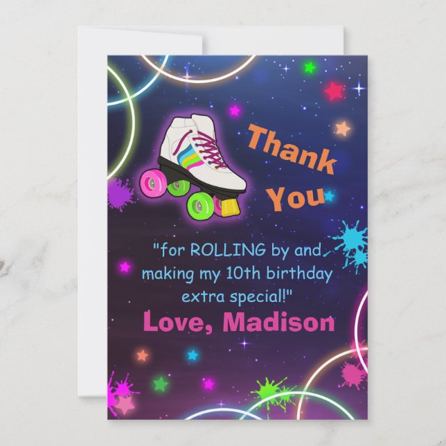 Personalize Roller Skating Neon Birthday Thank You Card (Front)