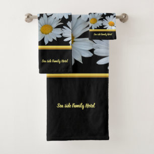 Personalize romantic daisy gold foil with black bath towel set