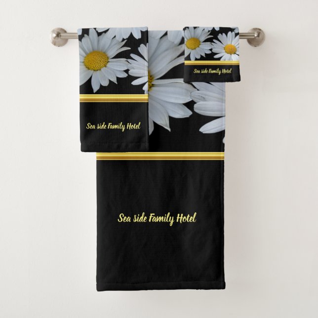 Personalize romantic daisy gold foil with black bath towel set (Insitu)