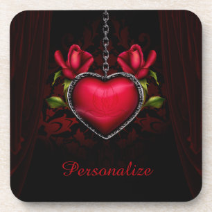 Personalize Romantic Gothic Red Heart Roses Coaster