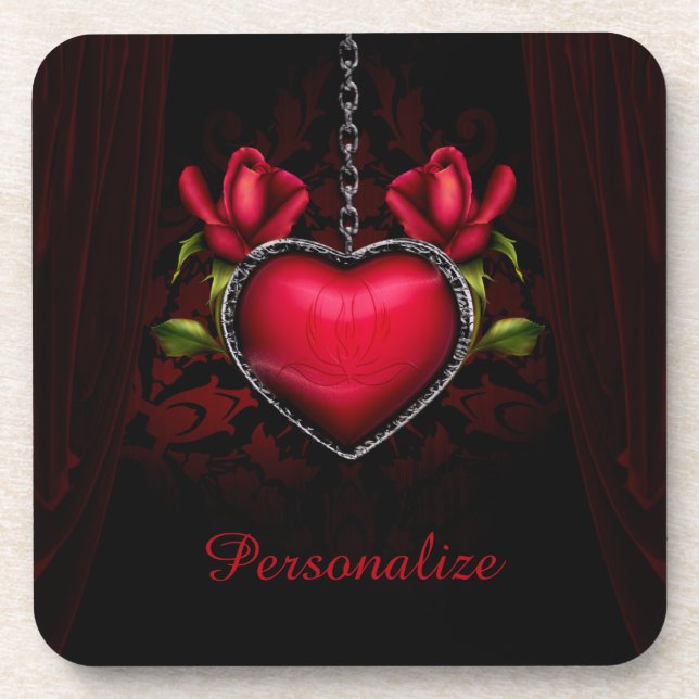 Personalize Romantic Gothic Red Heart Roses Coaster (Front)