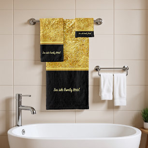 Personalize romantic modern gold foil with black bath towel set
