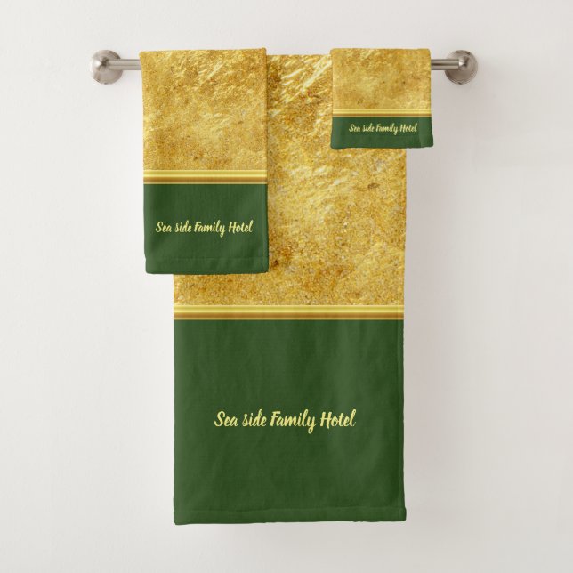 Personalize romantic modern gold foil with green bath towel set (Insitu)