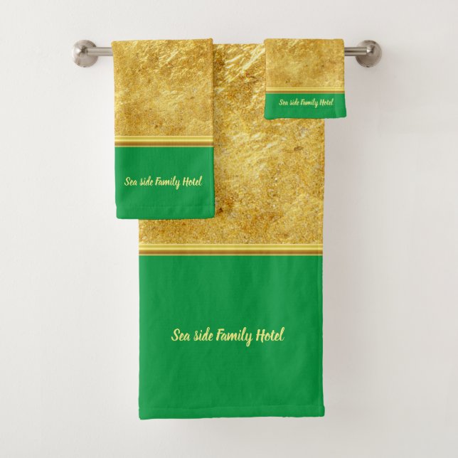 Personalize romantic modern gold with lime green bath towel set (Insitu)