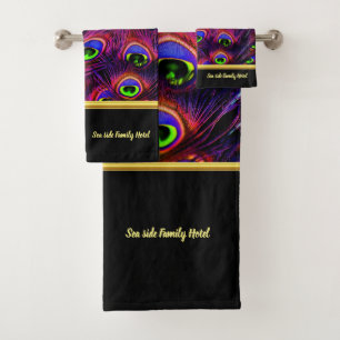 Personalize romantic purple peacock feather black bath towel set