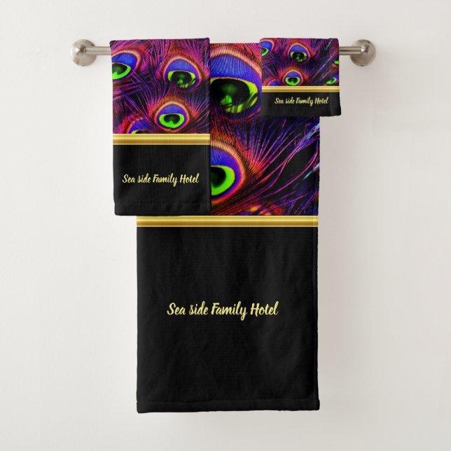 Personalize romantic purple peacock feather black bath towel set (Insitu)