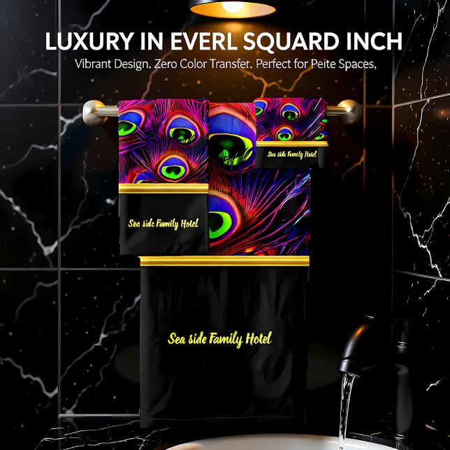 Personalize romantic purple peacock feather black bath towel set (Creator Uploaded)